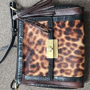 Brahmin Leopard Hair Calf Bronw Crossbody Bag  Black Croc Embossed Trim